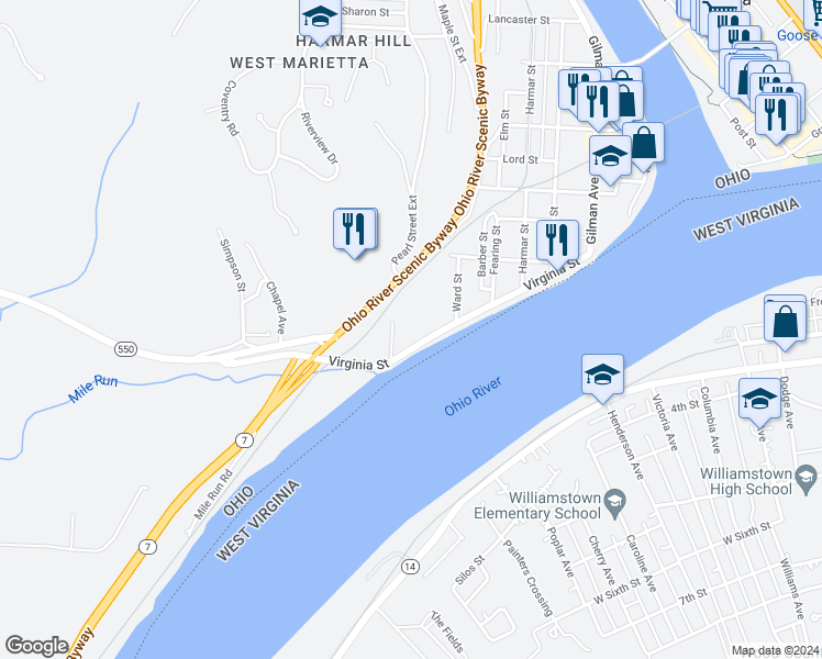 map of restaurants, bars, coffee shops, grocery stores, and more near 621 Virginia Street in Marietta