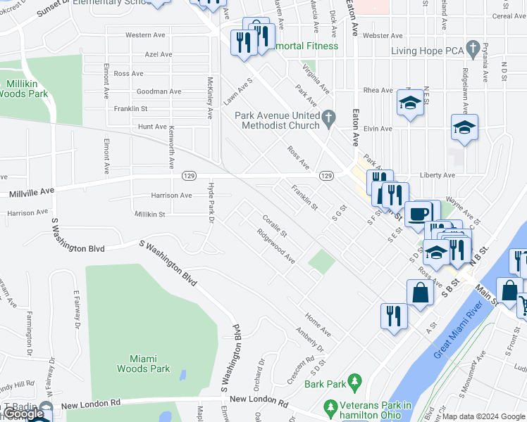 map of restaurants, bars, coffee shops, grocery stores, and more near 734 Coralie Street in Hamilton