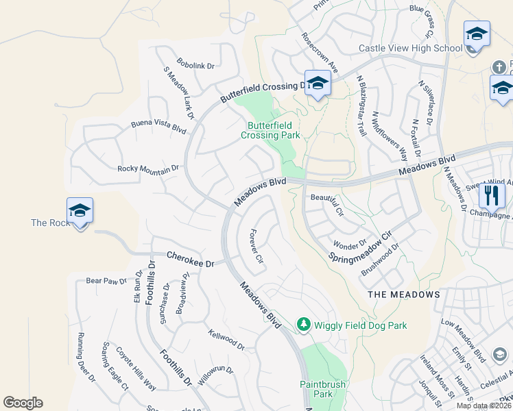 map of restaurants, bars, coffee shops, grocery stores, and more near 4244 Forever Circle in Castle Rock