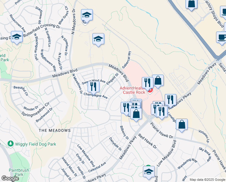 map of restaurants, bars, coffee shops, grocery stores, and more near 2564 Sweet Wind Avenue in Castle Rock