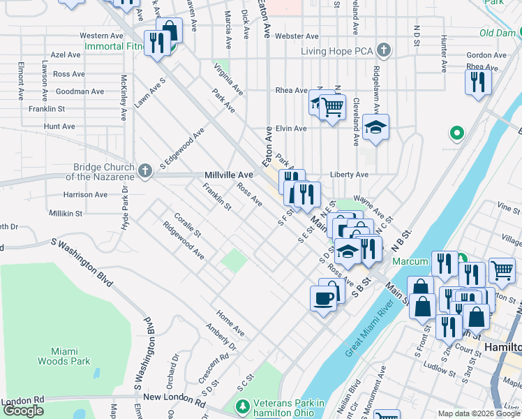 map of restaurants, bars, coffee shops, grocery stores, and more near 124 South G Street in Hamilton