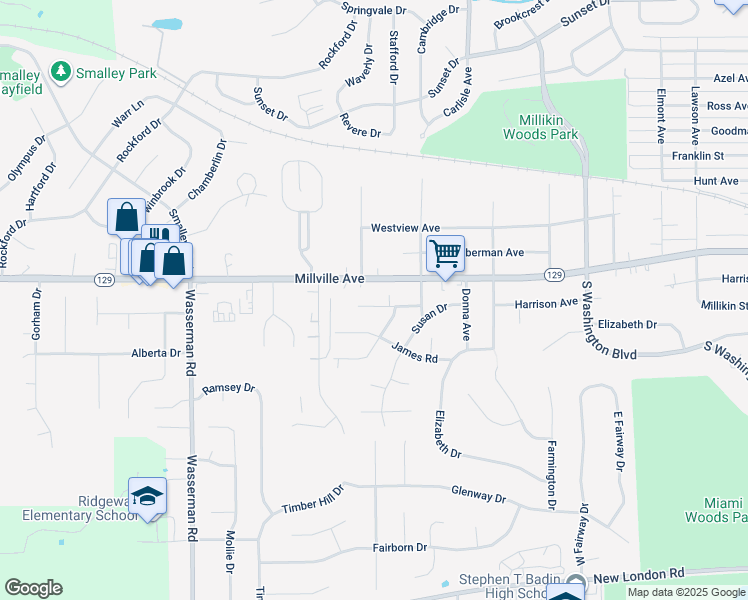 map of restaurants, bars, coffee shops, grocery stores, and more near 1159 Dennis Lane in Hamilton