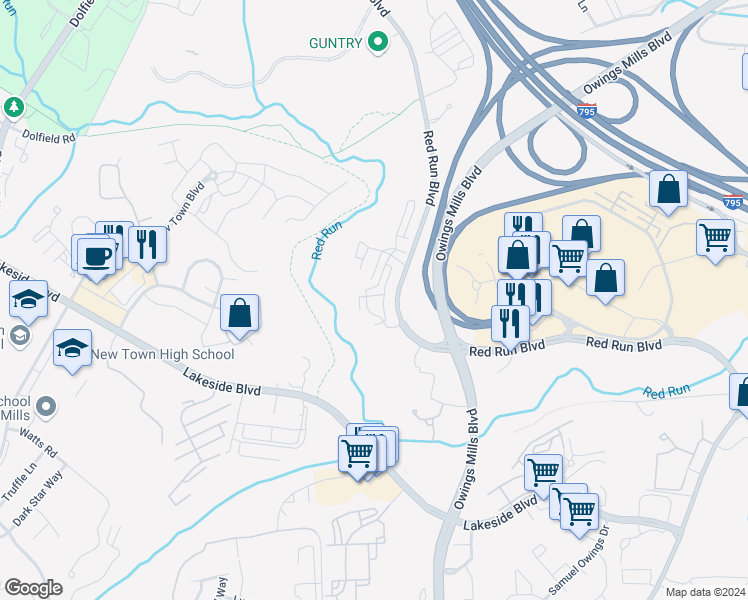 map of restaurants, bars, coffee shops, grocery stores, and more near 9317 Paragon Way in Owings Mills