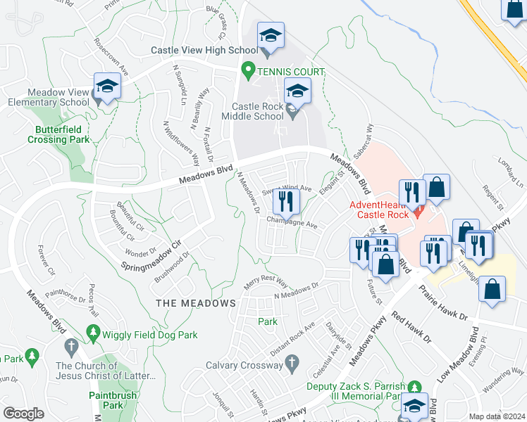 map of restaurants, bars, coffee shops, grocery stores, and more near 4360 North Meadows Drive in Castle Rock