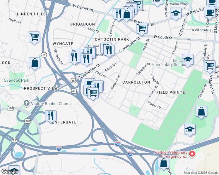 map of restaurants, bars, coffee shops, grocery stores, and more near 412 Blossom Lane in Frederick