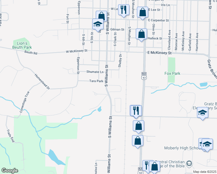 map of restaurants, bars, coffee shops, grocery stores, and more near 1202 Shepherds Drive in Moberly