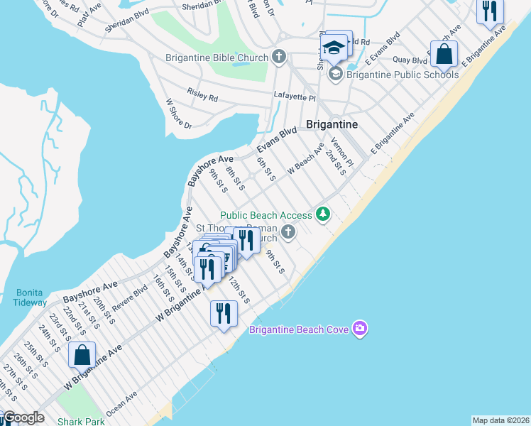 map of restaurants, bars, coffee shops, grocery stores, and more near 247 8th Street South in Brigantine