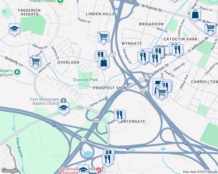 map of restaurants, bars, coffee shops, grocery stores, and more near 503 Primus Court in Frederick