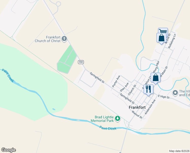 map of restaurants, bars, coffee shops, grocery stores, and more near 4080 County Road 550 in Frankfort