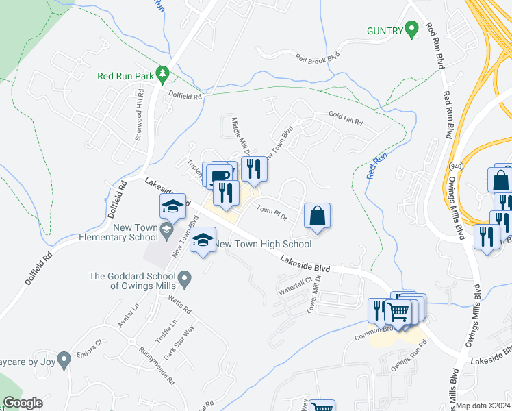 map of restaurants, bars, coffee shops, grocery stores, and more near 9315 Town Place Drive in Owings Mills