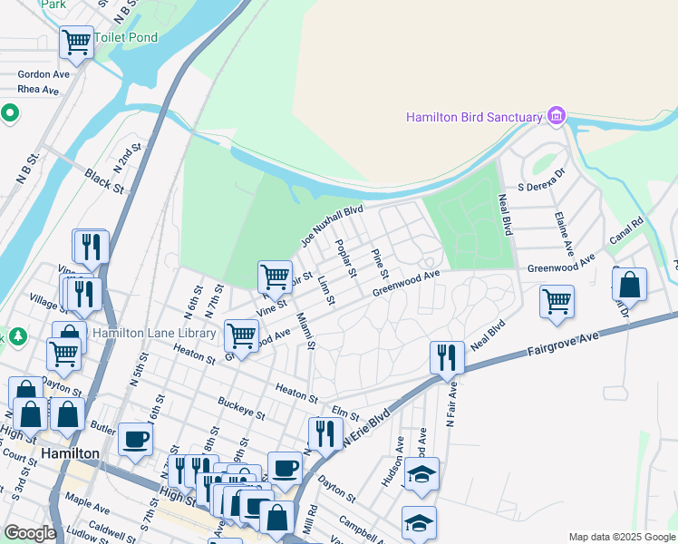 map of restaurants, bars, coffee shops, grocery stores, and more near 1113 Vine Street in Hamilton