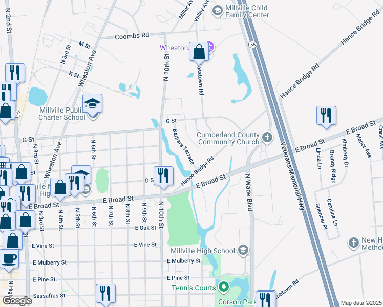 map of restaurants, bars, coffee shops, grocery stores, and more near 909 Barbara Terrace in Millville