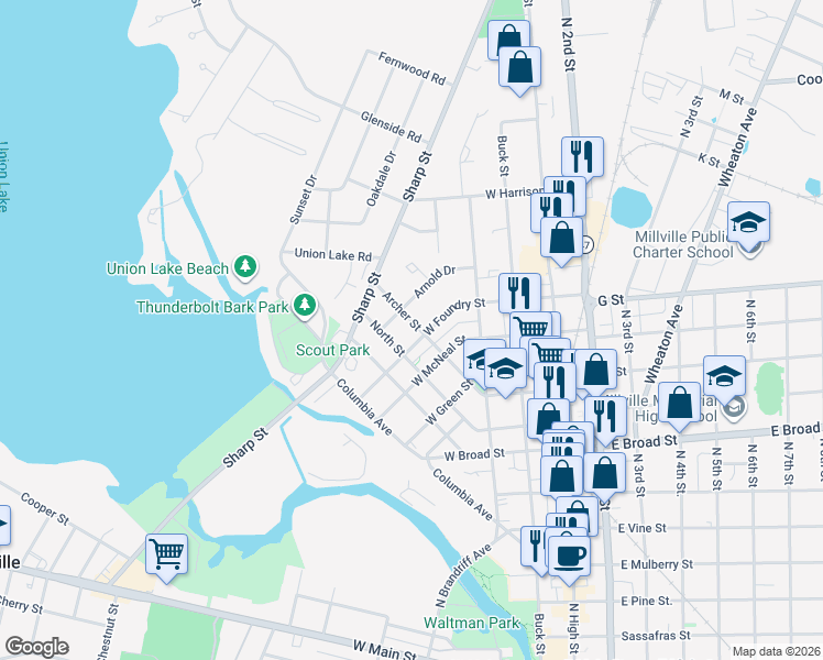map of restaurants, bars, coffee shops, grocery stores, and more near 218 West Foundry Street in Millville