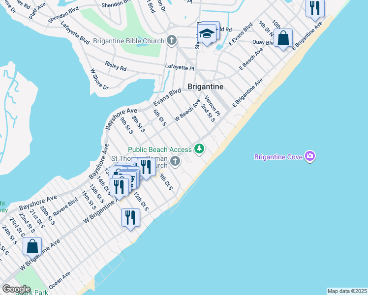 map of restaurants, bars, coffee shops, grocery stores, and more near 600 West Brigantine Avenue in Brigantine