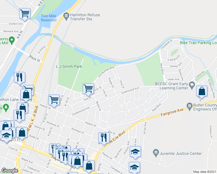 map of restaurants, bars, coffee shops, grocery stores, and more near 1113 Vine Street in Hamilton