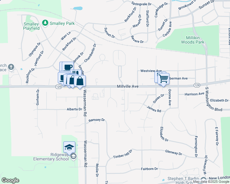 map of restaurants, bars, coffee shops, grocery stores, and more near 1302 Millville Avenue in Hamilton