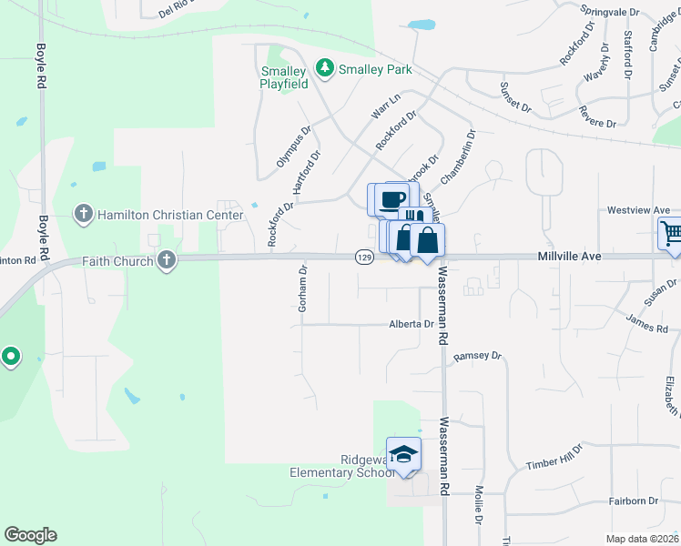 map of restaurants, bars, coffee shops, grocery stores, and more near 545 Andrea Court in Hamilton
