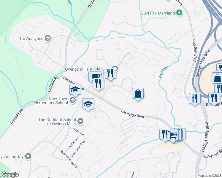 map of restaurants, bars, coffee shops, grocery stores, and more near 9313 Town Place Drive in Owings Mills