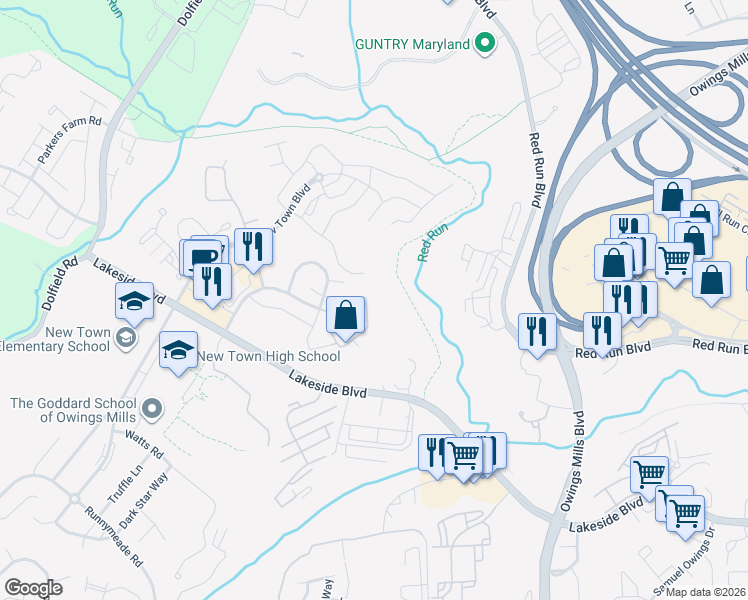 map of restaurants, bars, coffee shops, grocery stores, and more near 8707 Groffs Mill Drive in Owings Mills