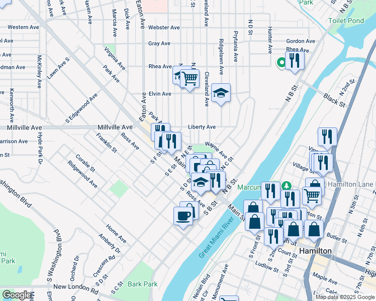 map of restaurants, bars, coffee shops, grocery stores, and more near 72 North E Street in Hamilton