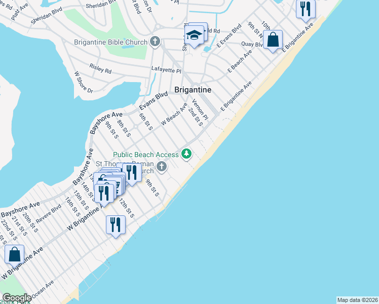map of restaurants, bars, coffee shops, grocery stores, and more near 320 5th Street South in Brigantine