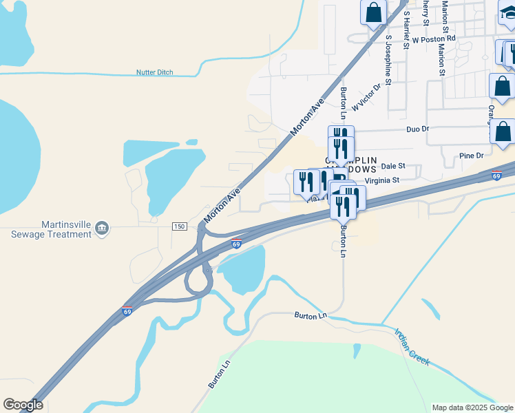 map of restaurants, bars, coffee shops, grocery stores, and more near 905 Plaza Drive in Martinsville