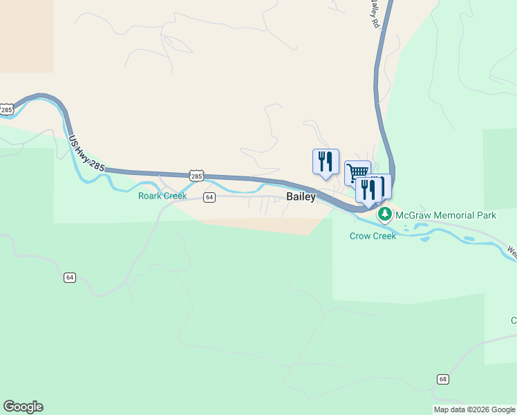map of restaurants, bars, coffee shops, grocery stores, and more near 12 County Road 64 in Bailey