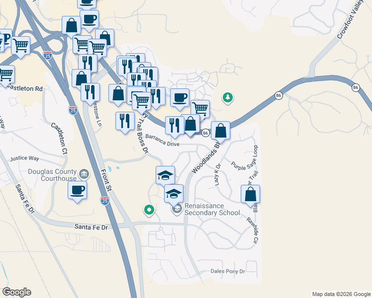 map of restaurants, bars, coffee shops, grocery stores, and more near 651 Branding Iron Lane in Castle Rock