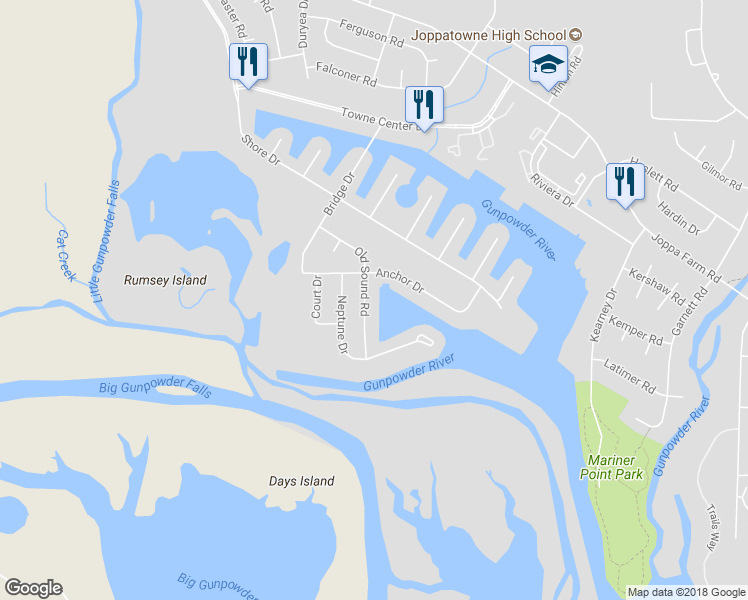 map of restaurants, bars, coffee shops, grocery stores, and more near 41 Old Sound Road in Joppa