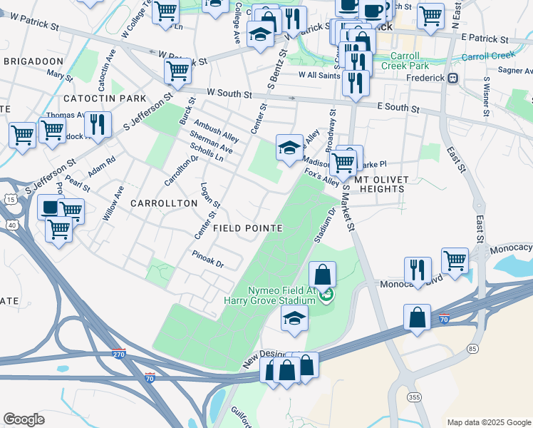 map of restaurants, bars, coffee shops, grocery stores, and more near 104 Evergreen Court in Frederick