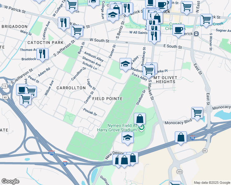 map of restaurants, bars, coffee shops, grocery stores, and more near 104 Evergreen Court in Frederick