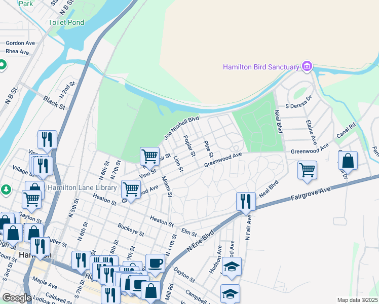map of restaurants, bars, coffee shops, grocery stores, and more near 1113 Vine Street in Hamilton