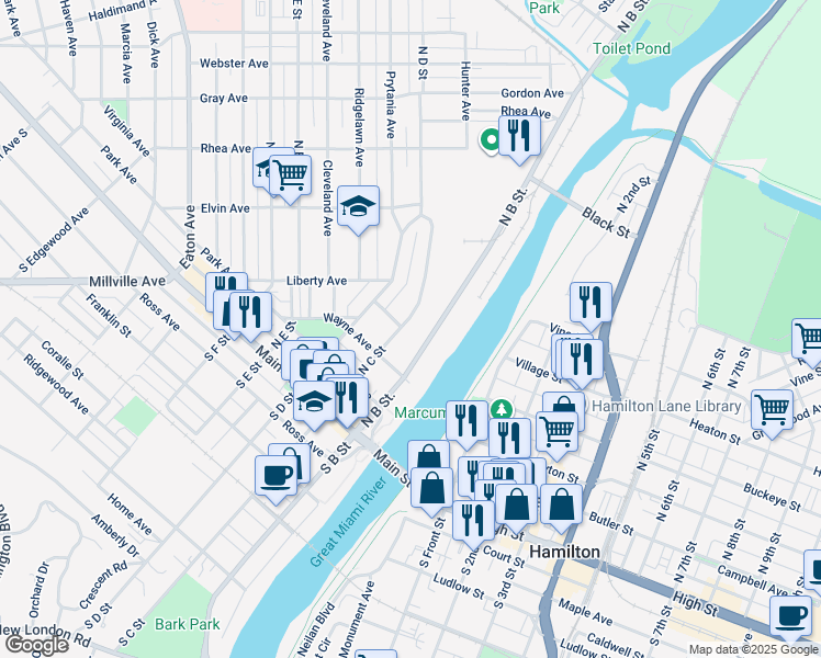 map of restaurants, bars, coffee shops, grocery stores, and more near 200 North C Street in Hamilton