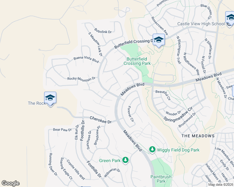 map of restaurants, bars, coffee shops, grocery stores, and more near 4390 Old Windmill Way in Castle Rock
