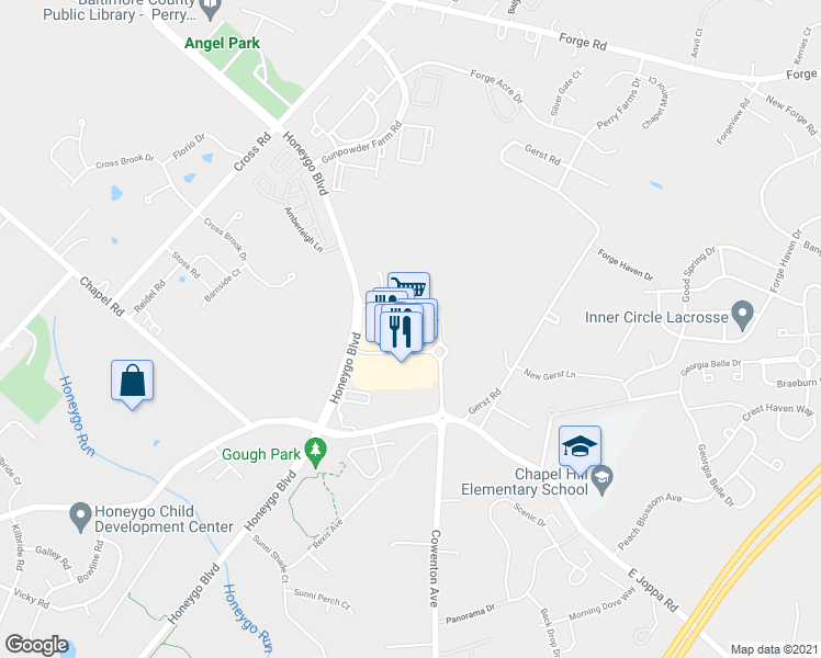 map of restaurants, bars, coffee shops, grocery stores, and more near 9400 Scott Moore Way in Perry Hall