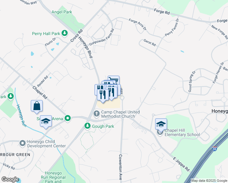 map of restaurants, bars, coffee shops, grocery stores, and more near 9400 Scott Moore Way in Perry Hall