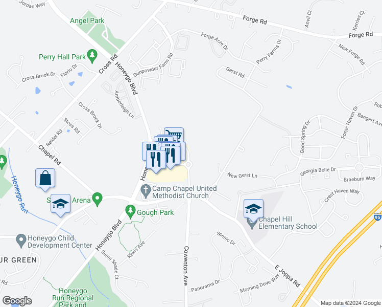map of restaurants, bars, coffee shops, grocery stores, and more near 9344 Indian Trail Way in Perry Hall