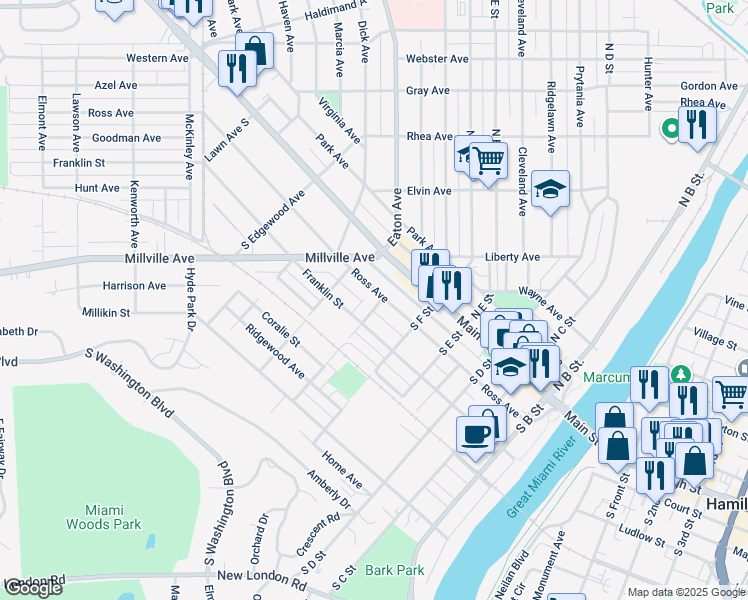 map of restaurants, bars, coffee shops, grocery stores, and more near 605 Ross Avenue in Hamilton