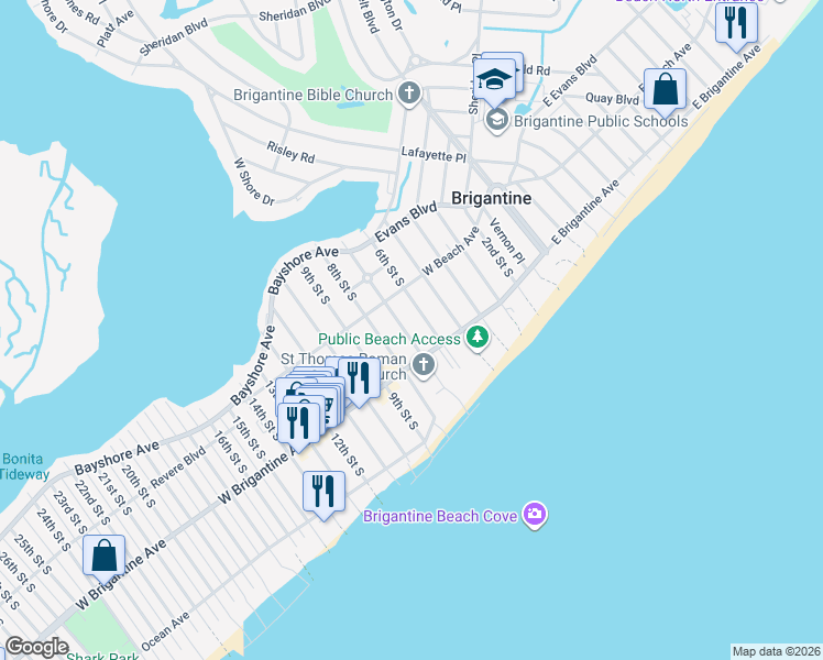 map of restaurants, bars, coffee shops, grocery stores, and more near 239 7th Street South in Brigantine