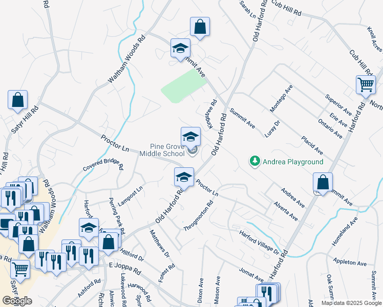 map of restaurants, bars, coffee shops, grocery stores, and more near 9200 Old Harford Road in Parkville