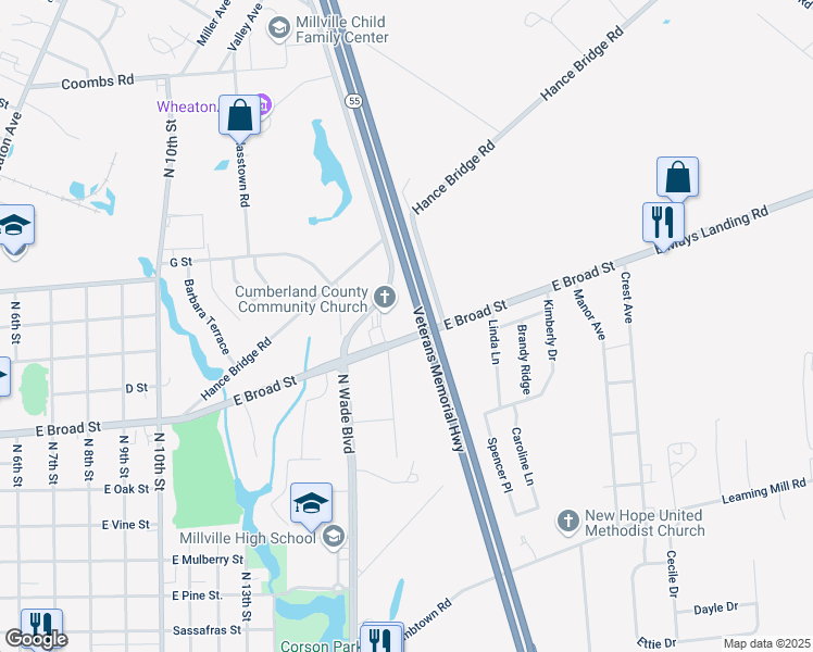 map of restaurants, bars, coffee shops, grocery stores, and more near 1806 East Broad Street in Millville