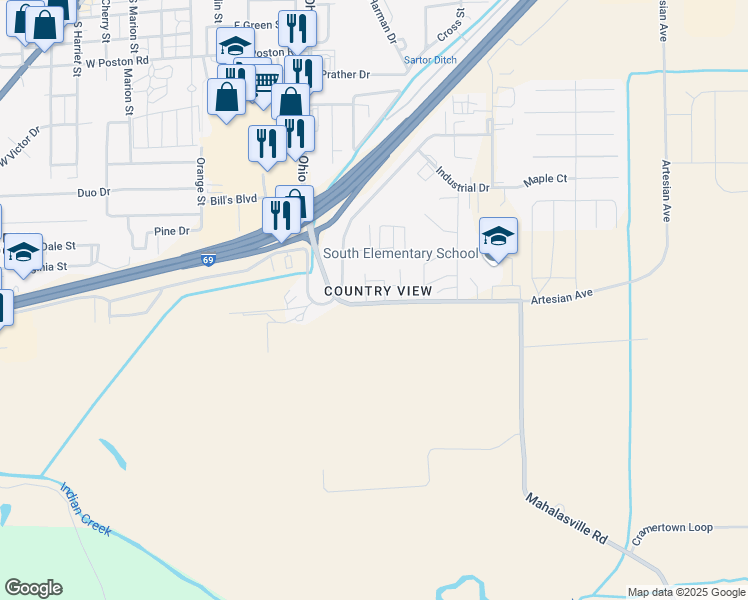 map of restaurants, bars, coffee shops, grocery stores, and more near 388 East Mahalasville Road in Martinsville