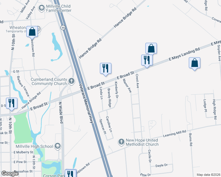 map of restaurants, bars, coffee shops, grocery stores, and more near 516 Brandy Ridge in Millville