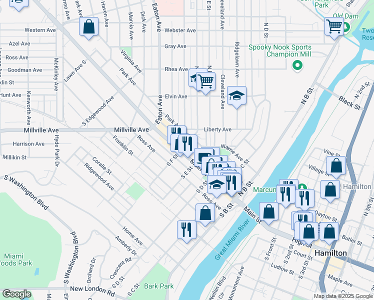 map of restaurants, bars, coffee shops, grocery stores, and more near 429 Main Street in Hamilton