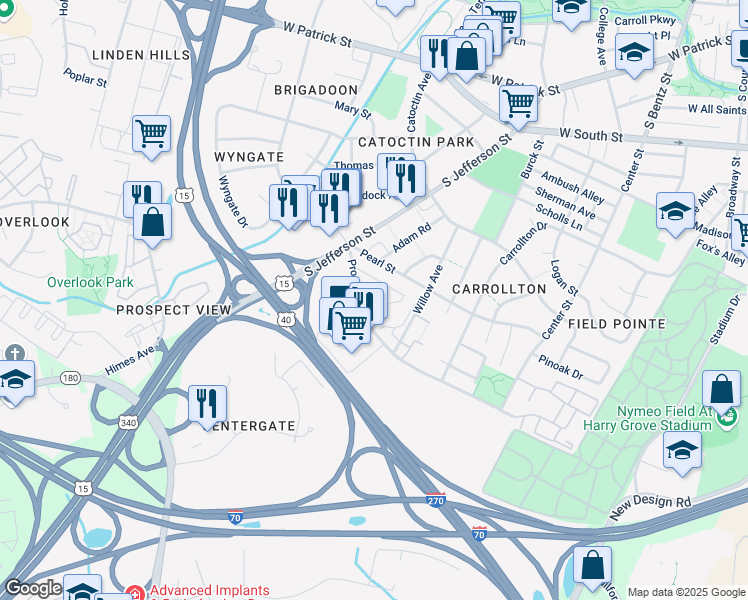 map of restaurants, bars, coffee shops, grocery stores, and more near 501 Prospect Boulevard in Frederick