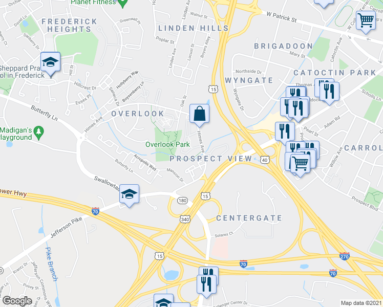 map of restaurants, bars, coffee shops, grocery stores, and more near 517 Ellison Court in Frederick