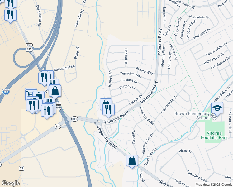 map of restaurants, bars, coffee shops, grocery stores, and more near 311 Bulluno Drive in Reno