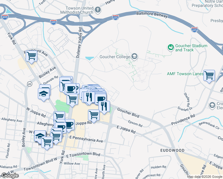 map of restaurants, bars, coffee shops, grocery stores, and more near 1 Southerly Court in Baltimore