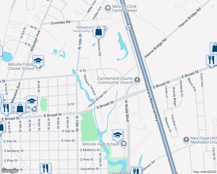 map of restaurants, bars, coffee shops, grocery stores, and more near 1401 Hance Bridge Road in Millville