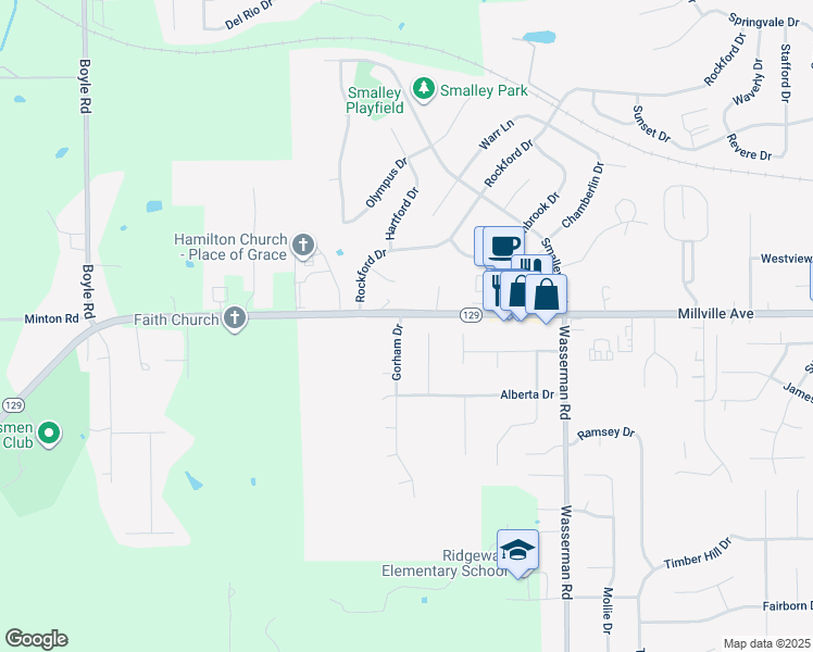 map of restaurants, bars, coffee shops, grocery stores, and more near 534 Gorham Drive in Hamilton